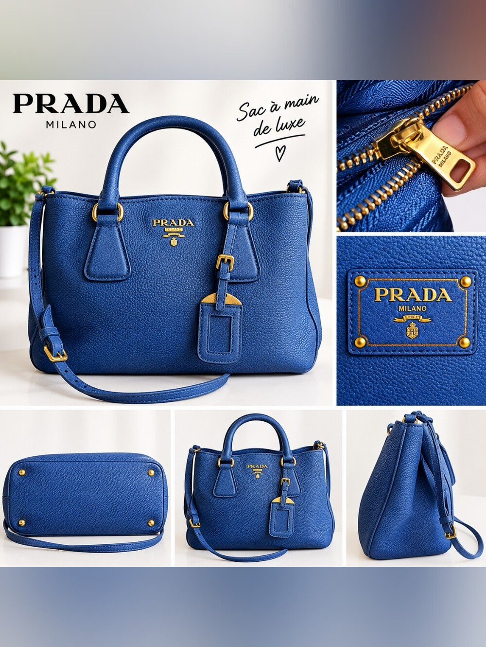 Prada Royal Blue Pebbled Leather Satchel with Detachable Strap